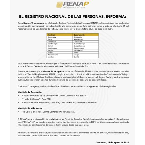 Cierre de oficinas del RENAP el 15 y 16 de Agosto 2024 Guatemala