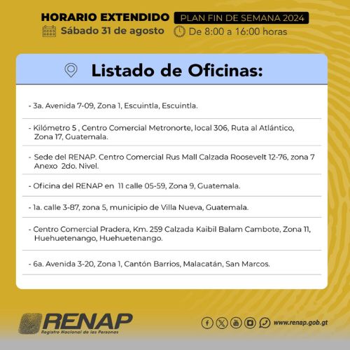 Horario extendido en oficinas del Renap 31 agosto 2024
