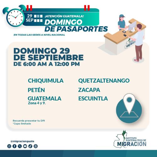 Migración tendrá jornada de emisión de pasaportes el domingo 29 de septiembre 2024