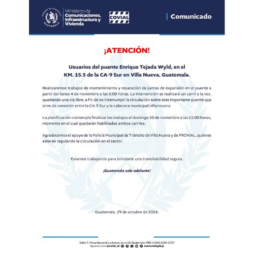 Cierre vial por trabajos puente Enrique Tejada Wyld de Villa Nueva km 15.5 ruta Pacífico