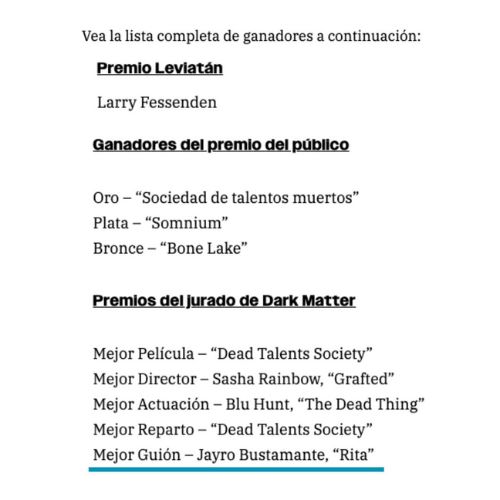 Película Rita Jayro Bustamante ganó premio por Mejor Guion Festival de Horror Brooklyn