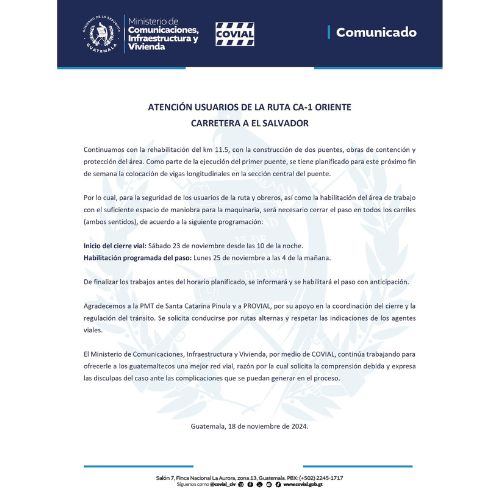 Carretera a El Salvador cierre total en el km 11.5 del 23 al 25 de noviembre 2024