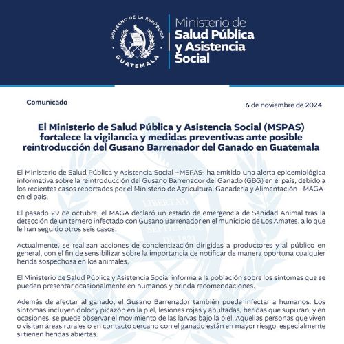 Ministerio de Salud alerta epidemiológica y recomendaciones por el Gusano Barrenador del Ganado Guatemala