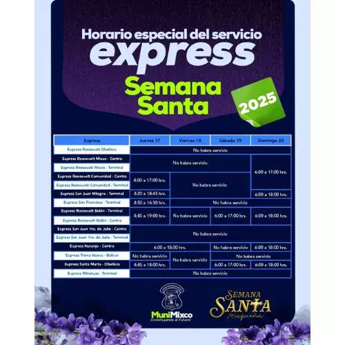 Horarios Semana Santa 2025 de los buses Express de Mixco