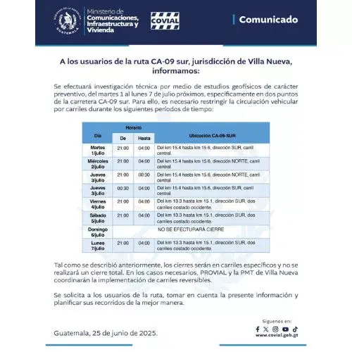 Cierres vehiculares en Villa Nueva del 1 al 7 de julio 2025 por estudio preventivo