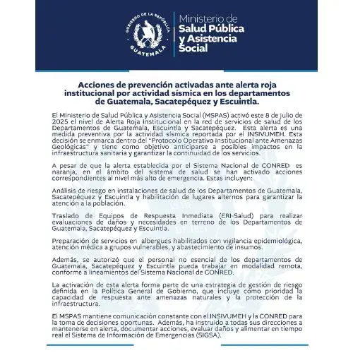 Ministerio de Salud activó alerta roja institucional por sismos en Guatemala julio 2025