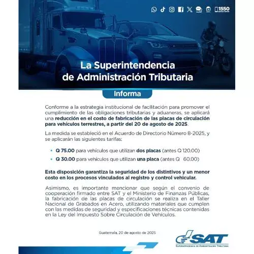 Reduce precio de placas de carros y motos en Guatemala