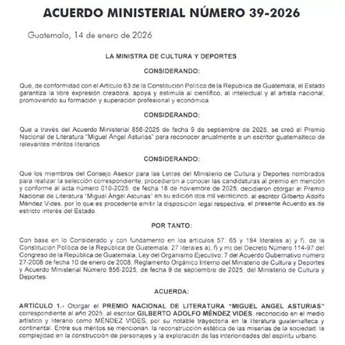 Gilberto Adolfo Méndez Vides ganó el Premio Nacional de Literatura 2025