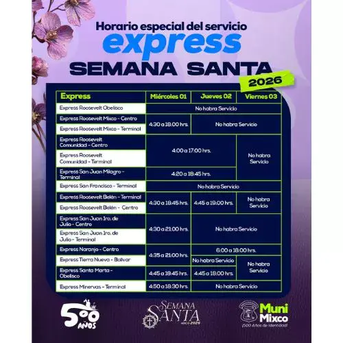 Horarios del servicio de transporte Express durante la Semana Santa 2026 en Mixco
