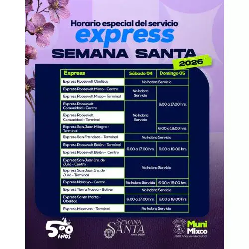 Horarios del transporte Express durante la Semana Santa 2026 en Mixco