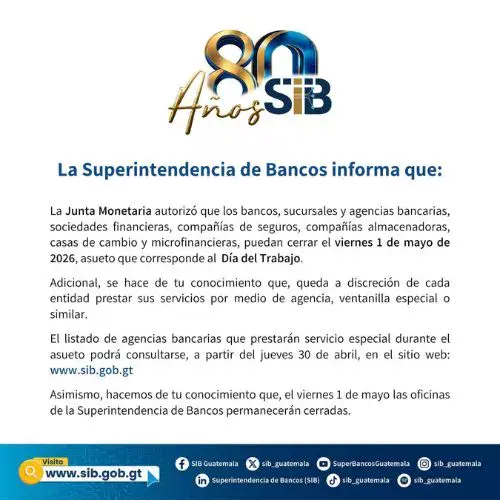 Bancos cerrarán en Guatemala por asueto Día del Trabajo del 1 de mayo 2026