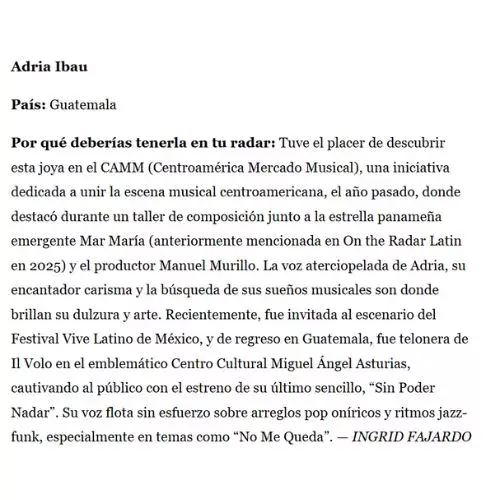 Guatemalteca Adria Ibau destacada por la revista Billboard Latin
