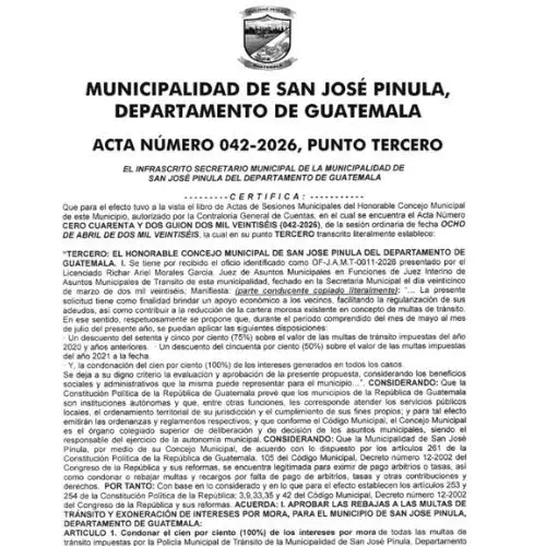 Municipalidad de San José Pinula condonará multas de tránsito