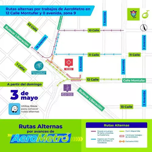 Rutas alternas y reducción carriles por AeroMetro Guatemala