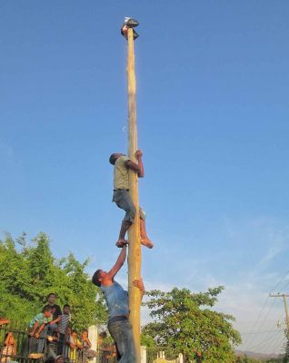 El palo se encuentra untado de grasa o algunas sustancia resbaladiza, el objetivo de los participantes es subir el palo con la ayuda de sus brazos y piernas, en algunas ocasiones entre los participantes eligen a uno y lo ayudan a subir, y poder lograr atrapar el premio, el cual puede consistir en dinero, gallinas o botellas de licor.&nbsp;