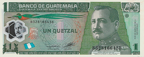 Descripción de la foto - Anverso del billete de 1 quetzal emitido en 2012. - crédito Numismática las Tiendas