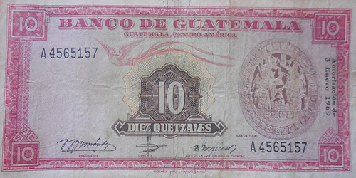Descripción de la foto - anverso del billete de 10 quetzales de 1969. - crédito Billetes y monedas antiguas de Guatemala - Facebook