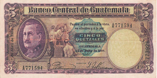 Descripción de la foto - anverso del billete de 5 quetzales de 1934. - crédito Compra de Billetes y monedas antiguas de Guatemala - Facebook