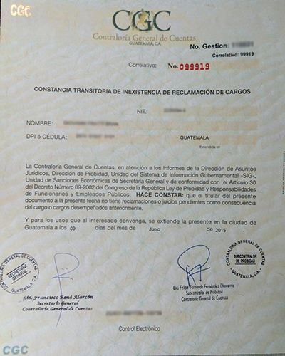 Requisitos para solicitar un finiquito en la Contraloría General de Cuentas de Guatemala - descripción de la foto - Constancia Transitoria de Inexistencia de reclamación de cargos