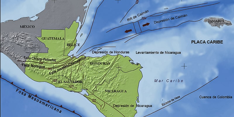 Descripción de foto - Mapa de Guatemala con las fallas tectónicas más importantes señaladas. - Crédito de foto - CONRED