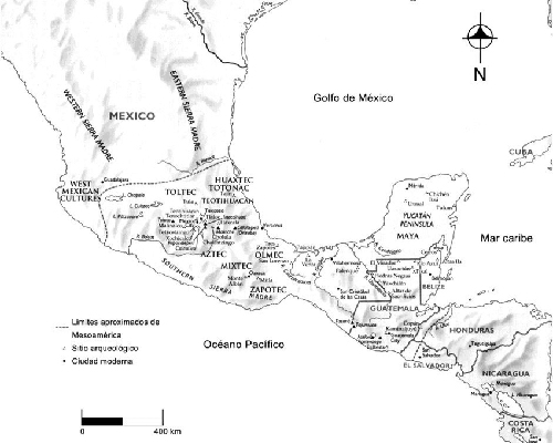 Descripción de foto - Mapa de Mesoamérica con ubicaciones de las cilizaciones más importantes de la región. - Crédito de foto - Kathryn Reese