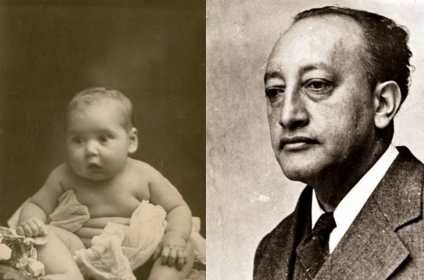 Descripción de foto - de lado izquierdo, Miguel Ángel Asturias de bebé. De lado derecho, Miguel Ángel Asturias de Adulto. - Crédito de foto - Centro Cultural Miguel Ángel Asturias