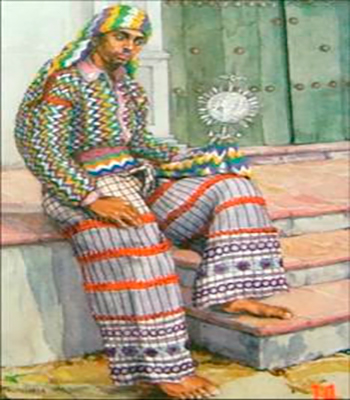 Descripción de foto - dibujo de hombre de Almolonga, sentado en las gradas de un atrio, vestido con su traje típico. - Crédito de foto - Dj Nefta