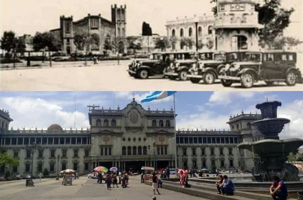 Descripción de foto - parte superior una foto antigua de la capital sin el Palacio Nacional en 1930. Parte inferior, parque Central, 2020. - Crédito de foto - minube . com