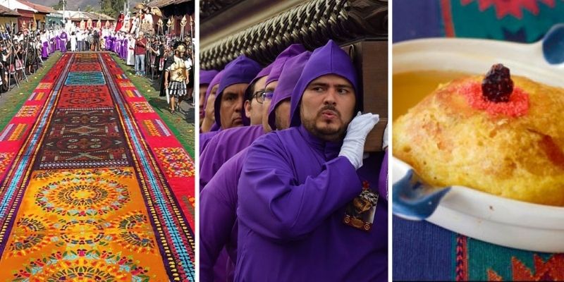 Descripción de foto - alfombras de aserrín, cucuruchos cargando y acercamiento de una torreja son las tradiciones de Semana Santa