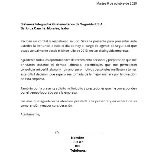 machote carta de renuncia Guatemala